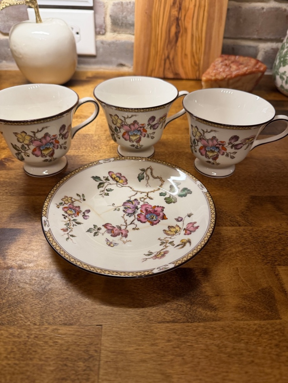 Wedgwood White Tea Cups and Saucers with Pink Floral and Gold Trim